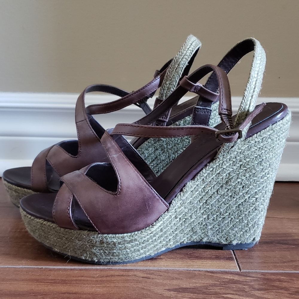 Leather Espadrille Heeled Sandals sz8 brown summer neutral strappy natural wedge